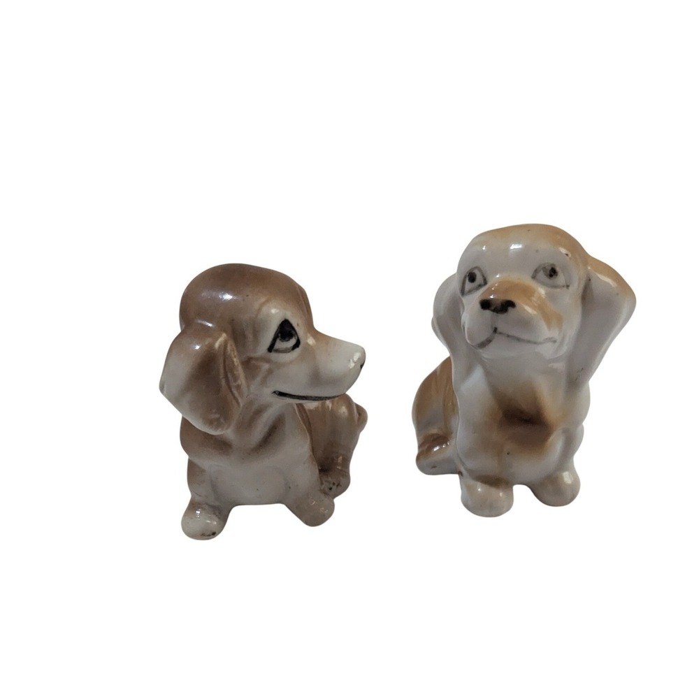 Vintage Ceramic Dog Figurines Set of 2 Brown Tan Puppy Statues 2 Inch